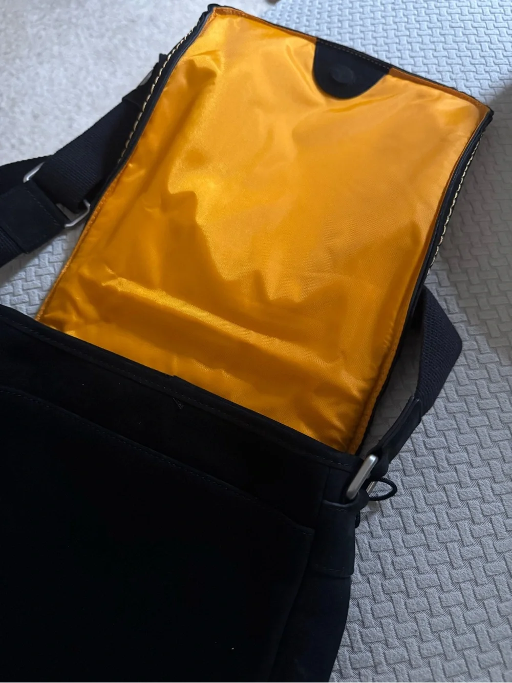 Ecco Black Suede Messenger Bag with Contrast Yellow Stitching